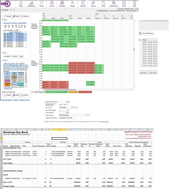 Screenshots from the VMS bookings screen